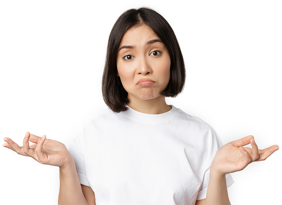 Portrait of confused asian woman shrugging shoulders, looking clueless, puzzled to say, standing over white background