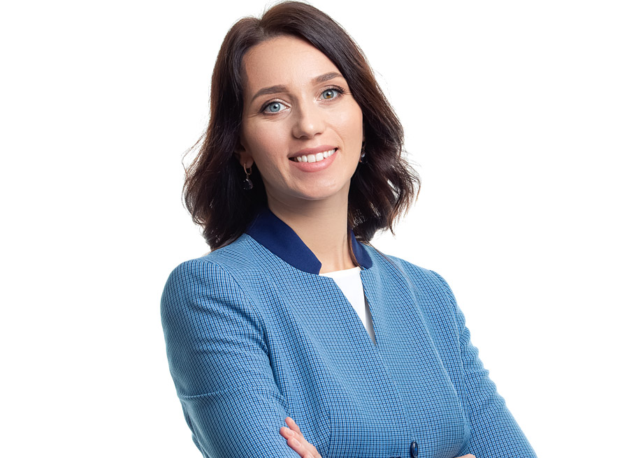 Natural Portrait of Young Confident Caucasian Business Woman in Blue Checked Suit Posing Against White
